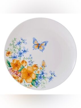 4 Dinner Plates White Porcelain Floral Butterfly Cottagecore Garden Whimsical